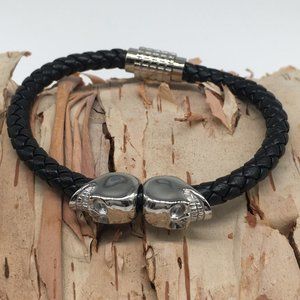 Black Leather Skull Bracelet with Metallic Clasp